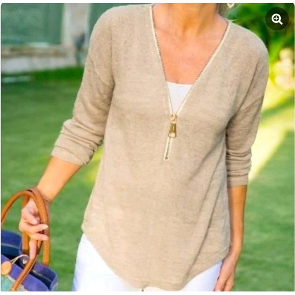 Soft Surroundings Sweater Women‎ XS Tan Gold Zip V-Neck Knit Pullover Neutral